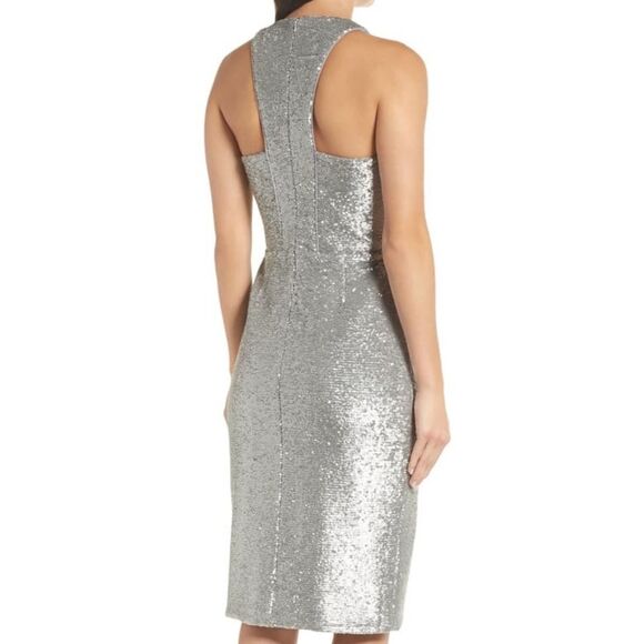 Silver Metallic HARLYN Sequin Embellished Plunge Neck Tie-Waist Midi Dress (NWT) - Picture 4 of 8